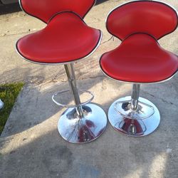 Set Of 2 Red Faux Leather Swivel Style Adjustable Stools 