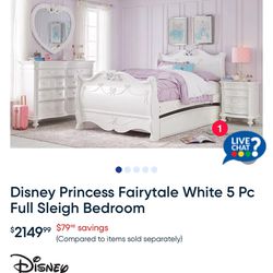 Rooms To Go Disney Princess Fairytale White 6PC Full Sleigh Bedroom 