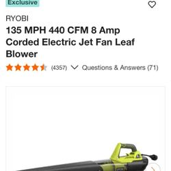 RYOBI
135 MPH 440 CFM 8 Amp Electric Jet Fan Leaf Blower