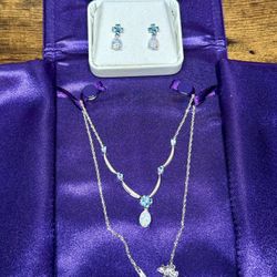 Elegant 10K White Gold with Lab Created Opal Necklace and Earrings Set