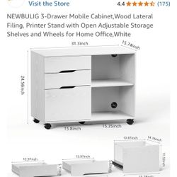 New Open Box NEWBULIG 3-Drawer Mobile Cabinet,Wood Lateral Filing, Printer Stand with Open Adjustable Storage Shelves and Wheels for Home Office,White