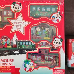 Disney Mickey Mouse Holiday Express Train Set + 2 Extra New Cars