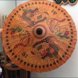 Vintage Japanese Wagasa Paper Parasol – Hand-Painted Dragon Design