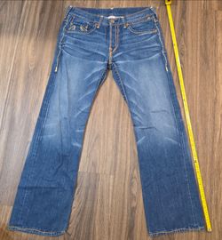 True Religion Jeans Mens 36x34 Blue Denim Ricky Super T Flap Pocket Thick USA