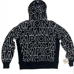 CHAMPION REVERSE WEAVE BIG BLOCK LOGO ALL OVER PRINT MEN'S THICK HEAVYWEIGHT HOODIE SWEATER SIZE MEDIUM  , LARGE DARK BLACK BRAND NEW WITH TAGS.