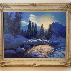 Oil painting on wood panel by Maurice green sunrise in the Rockies1984