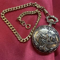Brodex Western 3-Horse Gold Toned 17 Jewels Pocket Watch & Chain