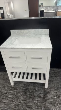 30” Open Box Shake Style Marble Top White Vanity Only One Set 