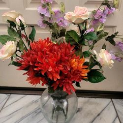 Faux Flowers In Glass Vase