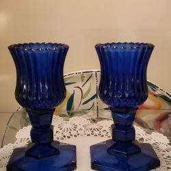 Vintage Blue Cobalt Candle Holders 6 " H