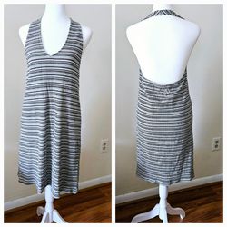 American Eagle Size Large Multi-Colored Striped Soft Halter Dress 95% Viscose, 5% Elastane. Creams, Tans, Blues, Greys. Measures 17" Pit To Pit 34" Lo