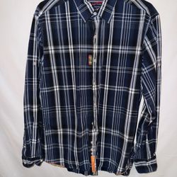 Mens Large Robert Graham Jeans navy blue plaid long sleeve button down shirt 