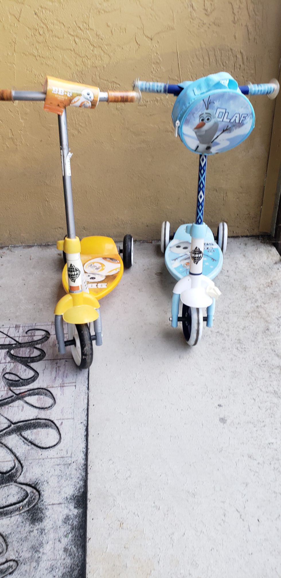 Free toddler scooters. One is olaf, one is star wars. Working well. Kids outgrew them