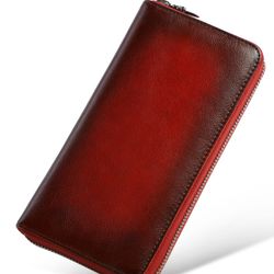 WILD WORLD Designer Genuine Calfskin Soft Leather Zipper Wallets for Ladies With Gift Box. Color Is Gradient Red