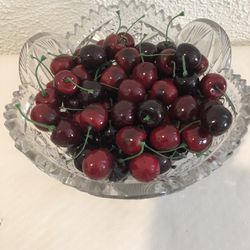 Beautiful Vintage Cut Crystal Bowl Filled With Cherries , The Bowl Size 9” W And 3” H With 80 Cherries 