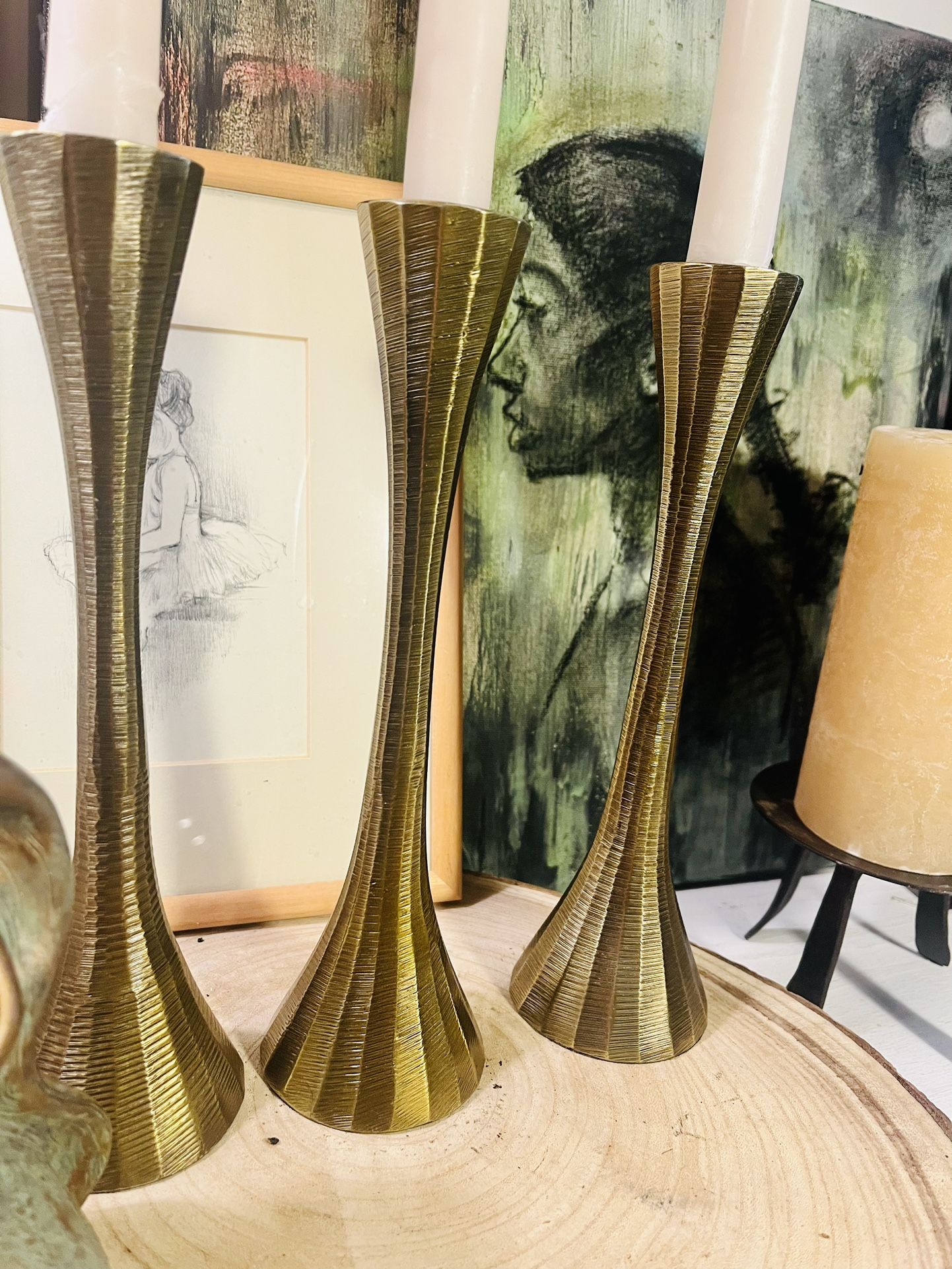 Set Of 3 9” Mid Century Modern Brass Candlestick Holder