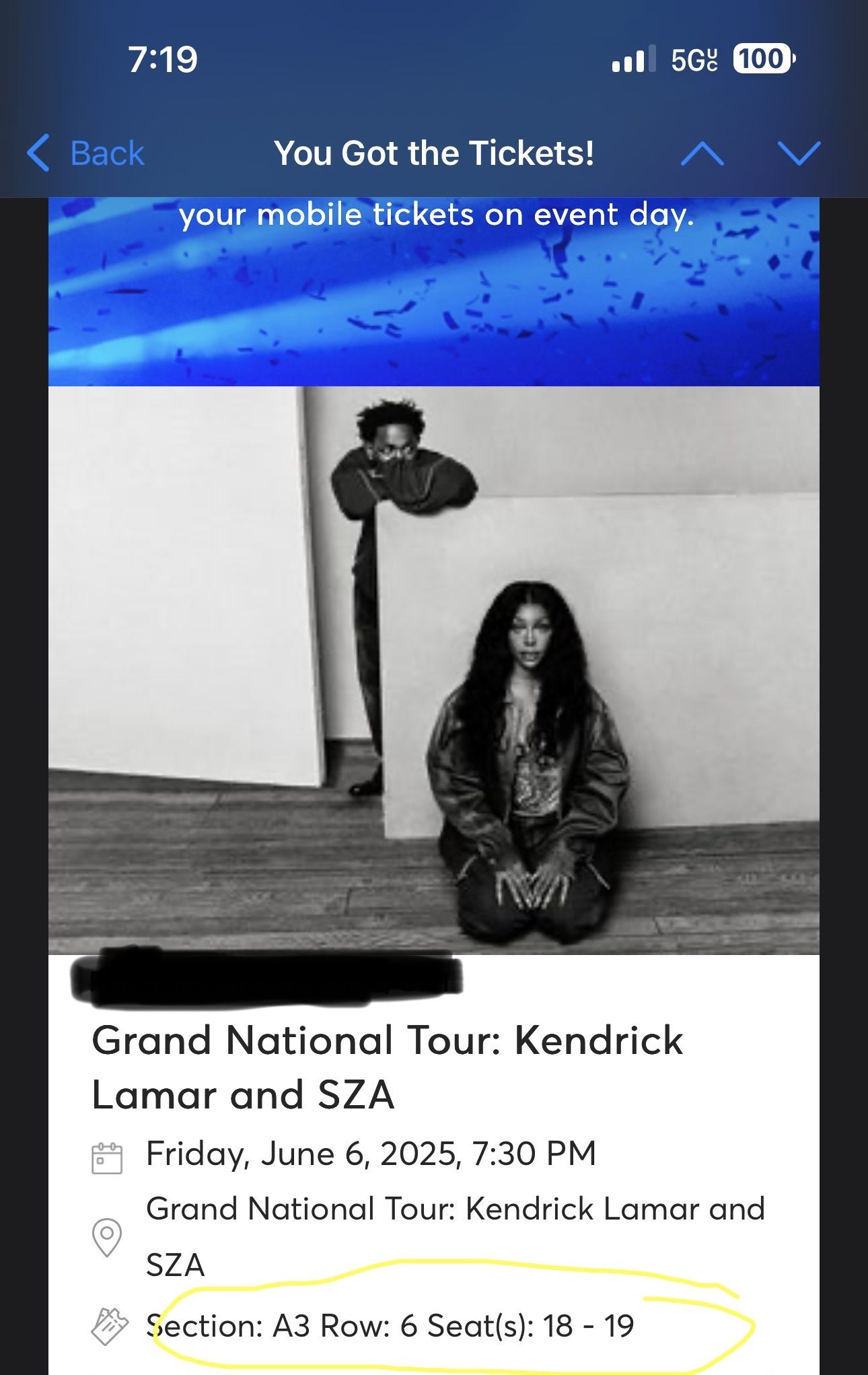 1 Kendrick Lamar Concert Ticket 6/6 Ground Level Seats