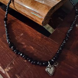 Dark Beaded Rhinestone Heart Charm Necklace 