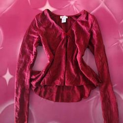 Vintage Red Long Sleeve Flower Baby Doll Top Small With Bow  