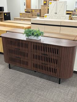 Fluted Tv Stand with 6 Drawers, Wood Entertainment Center for TVs Up to 70 inches,Curved Edge Storage Dressers for Bedroom, Living Room,Hal