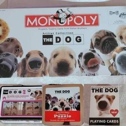 New THE DOG ARTIST COLLECTION BUNDLE - Monopoly,  Puzzle,  Playing Cards And Dominoes 