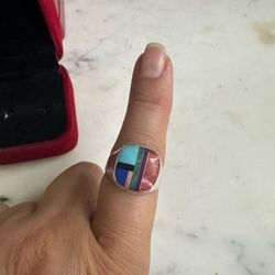 Vintage 925 Sterling silver , multiple gemstones Native Am. Ring , size 10 , there is a marking but faded