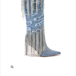 Azalea Wang Denim Crystal Tassel Stilettoes Heels 
