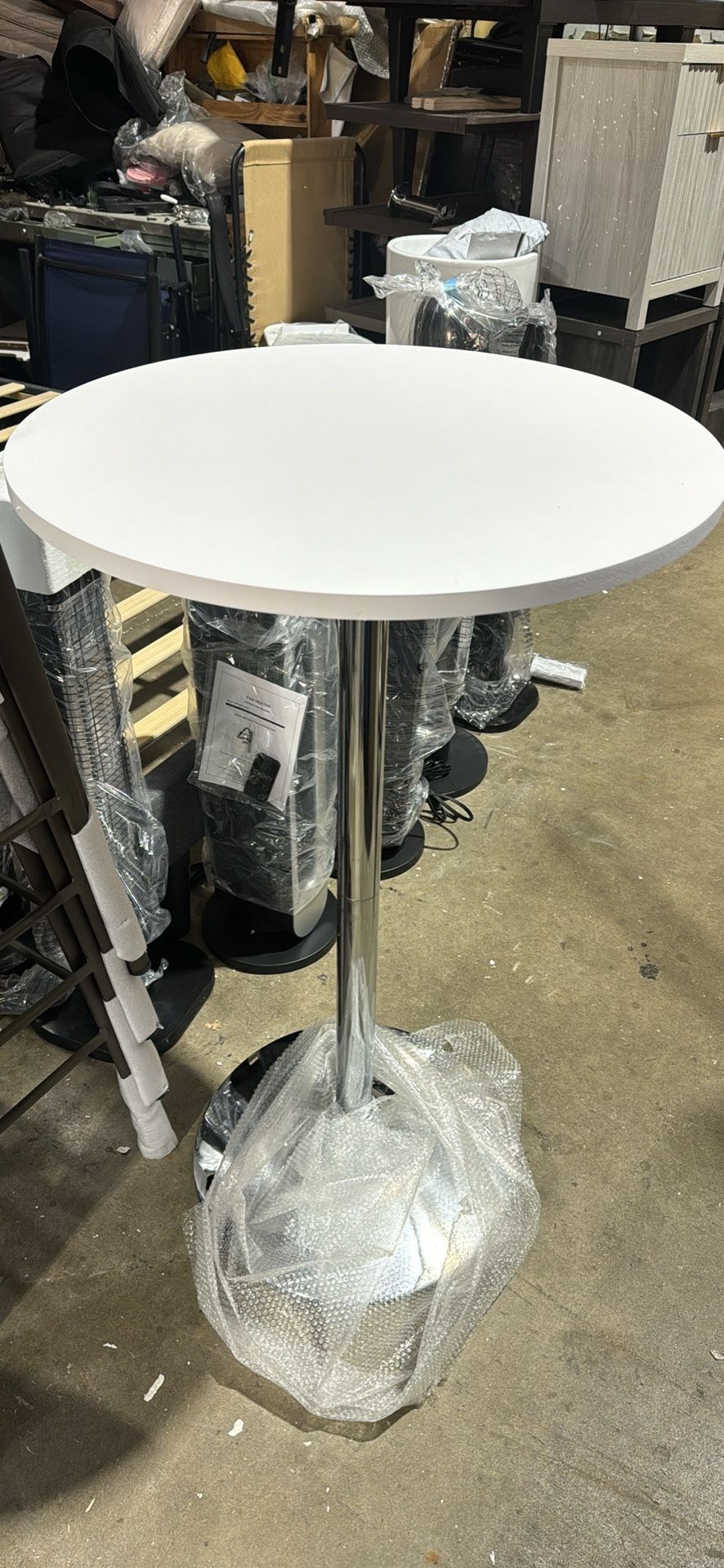 Bistro Pub Table Round Bar Height Cocktail Table Metal Base MDF Top Obsidian Table with Silver Leg 23.8-Inch Top, 39.5-Inch Height, White