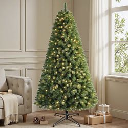 6 FT Pre-lit Christmas Tree, Artificial Spruce Christmas Tree 600 PVC Branch Tips 250 Warm White LED Lights, Easy Assembly with Metal Stand and Hinged