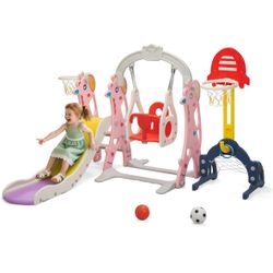 "Kids Slide, 5-in-1 Slide and Swing Set Outdoor Slide Set with Basketball Hoop, NEW  B1-38T Brand new in box "