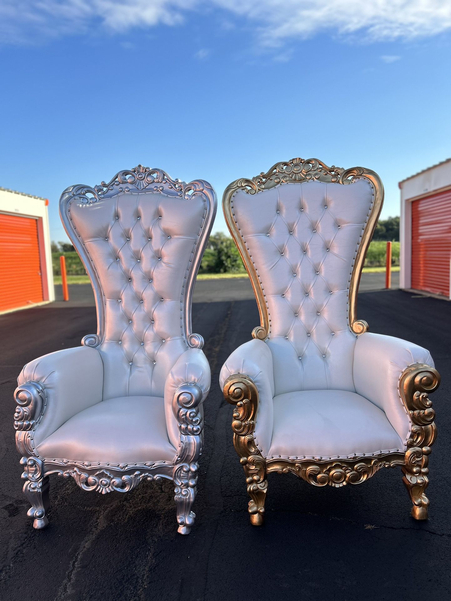 2 Throne Chairs For Sale $850 Each Golden & Silver “ Like New” 70” Height 35” Width 26 Length 