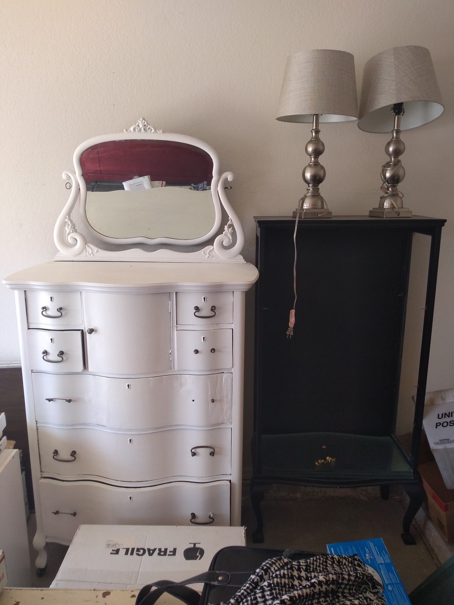 Antique White Dresser, Black Shelf Unit and Lamps