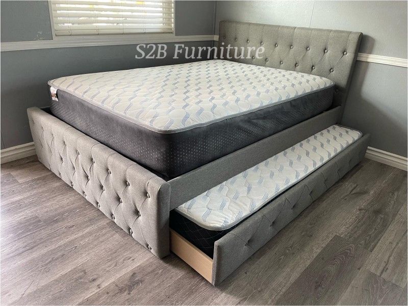 Full Twin Grey Frenchi Trundle Bed With Ortho Mattress Included!!