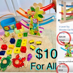 $10 For all Baby toys Wooden Race car ramp with 3 cars,some blocks & maracas