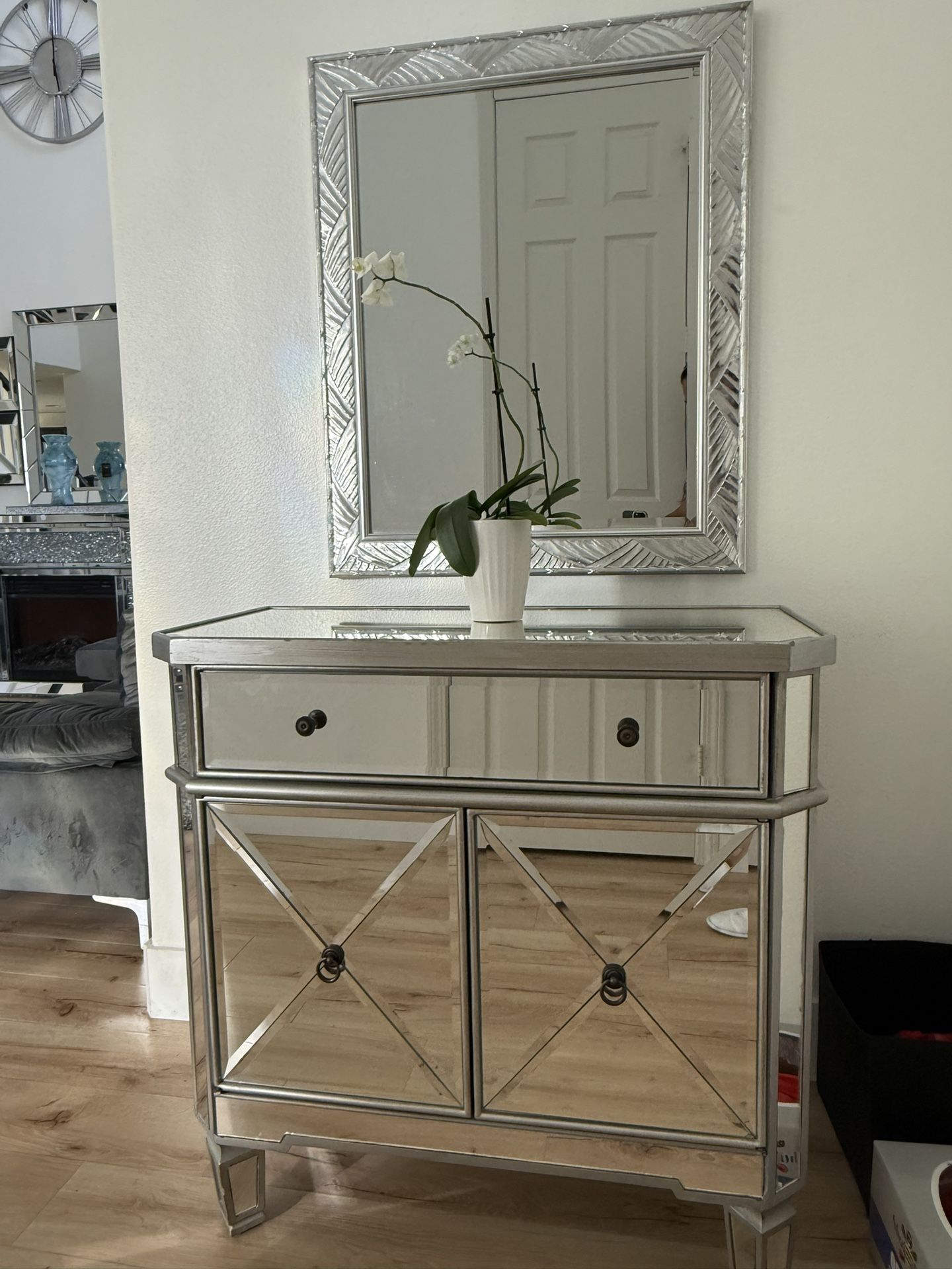 Mirrored Accent Cabinet with Matching Mirror