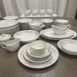 91 Piece Full Set China - 12 Place Setting - Crest Wood Linda Pink Floral Silver Rim China 