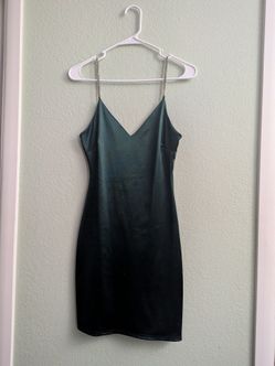 Chocolate USA Emerald Green Satin Mini Dress with Rhinestone Straps, size Small