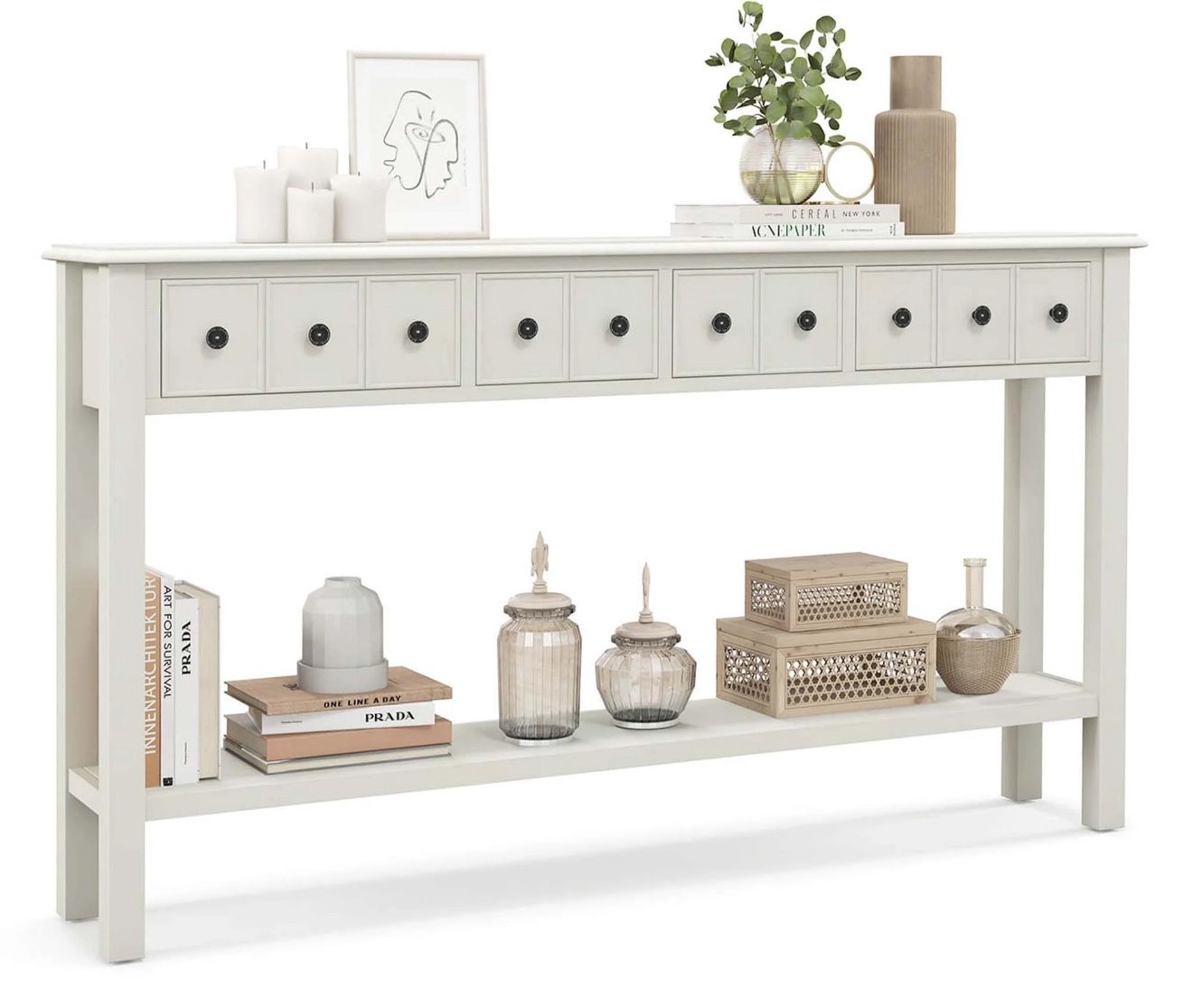 Costway Retro 4 Drawers and Open Shelf Console Table, White