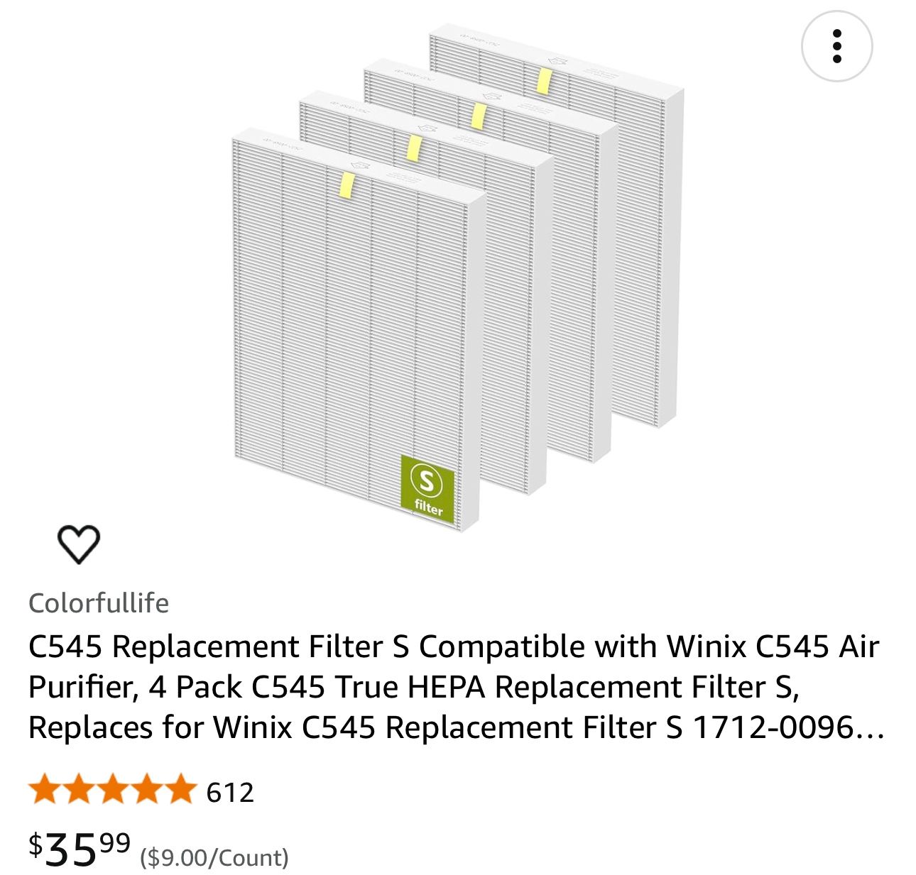 C545 Replacement Filter S Compatible with Winix C545 Air Purifier, 4 Pack C545 True HEPA Replacement Filter S, Replaces for Winix C545 Replacement Fi