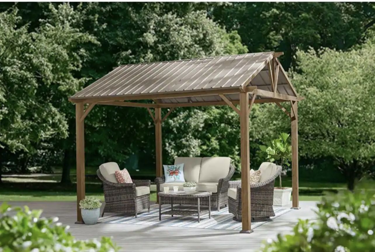 NEED GONE HAMPTON BAY Providence Place 11 ft. W x 10 ft. D Brown Hard Top Gazebo
