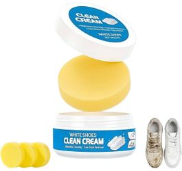 White Shoes Clean Cream,Multipurpose No-Wash Solid Cleaning Paste with Sponge,Gentle Care White Shoe Cleaner Cream for Leather Sneakers Soles