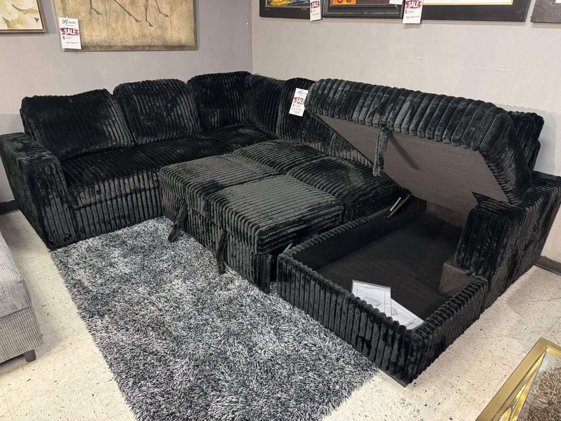 BLACK SUPER SOFT CORDUROY SLEEPER U SECTIONAL WITH STORAGE CHAISE COUCH SET 