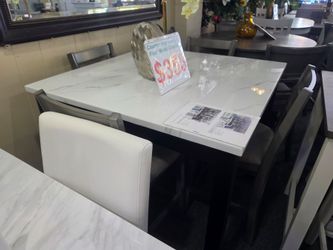 Brand new white faux marble dining table (42"×42"×36"H) + 4 light gray dining chairs