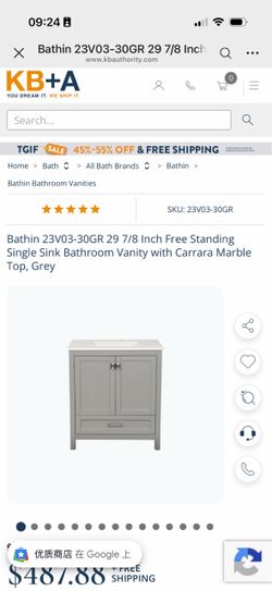 Bathin 23V03-30GR 29 7/8 Inch Free Standing Single Sink Bathroom Vanity with Carrara Marble Top, Grey