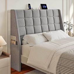 Gray Upholstered Headboard with Built-In Power Outlets – Modern Tufted Headboard