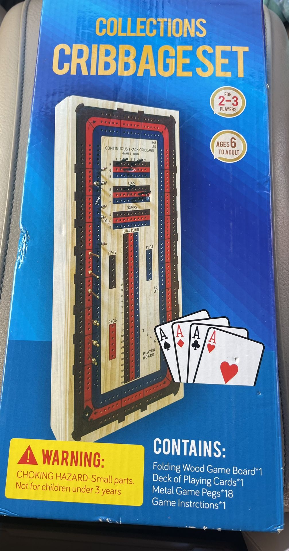 Cribbage Board Game Set, 3 Tracks Wooden Cribbage Board with Larger Storage Area, 1 Playing Card and 18 Metal Pegs