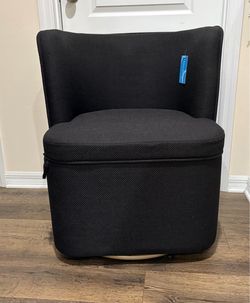 New black thick fabric swivel chill barrel storage chair w gold metal trim