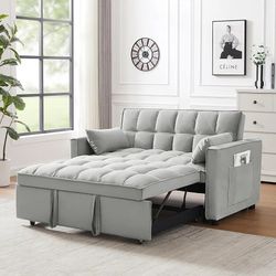 Velvet Pull Out Sleeper Sofa Bed, Convertible Futon Couch Bed with Adjustable Backrests, 3 in 1 Modern Loveseat with 2 Pockets and Pillows, Small Love