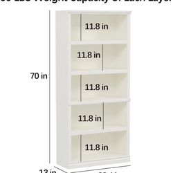 70" Tall Bookcase, White Bookshelf Open Storage 5 Tier Shelves, Floor Standing Bookshelves and Bookcases, Library Bookcase for Farmhouse Library Offic