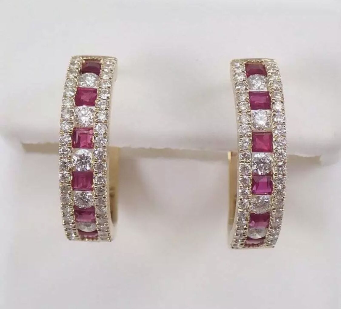 14k Gold 5 Ct Princess Cut Ruby & Diamond Studded Hoop Earrings